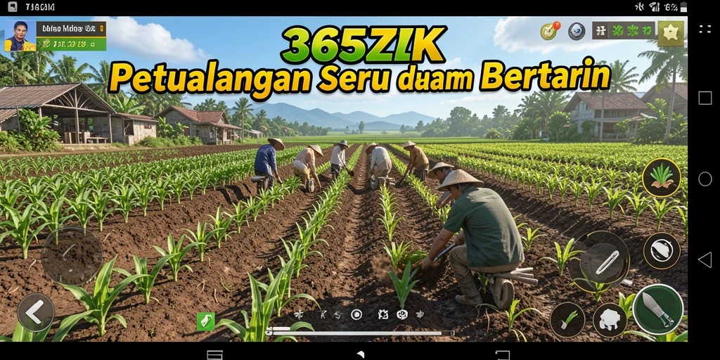 Tangkapan layar menunjukkan suasana ladang yang subur dan aktivitas bertani.