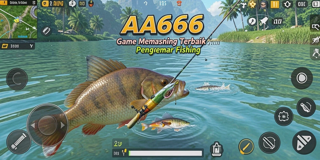 Screenshot utama AA666 menampilkan momen menangkap ikan di danau yang indah.