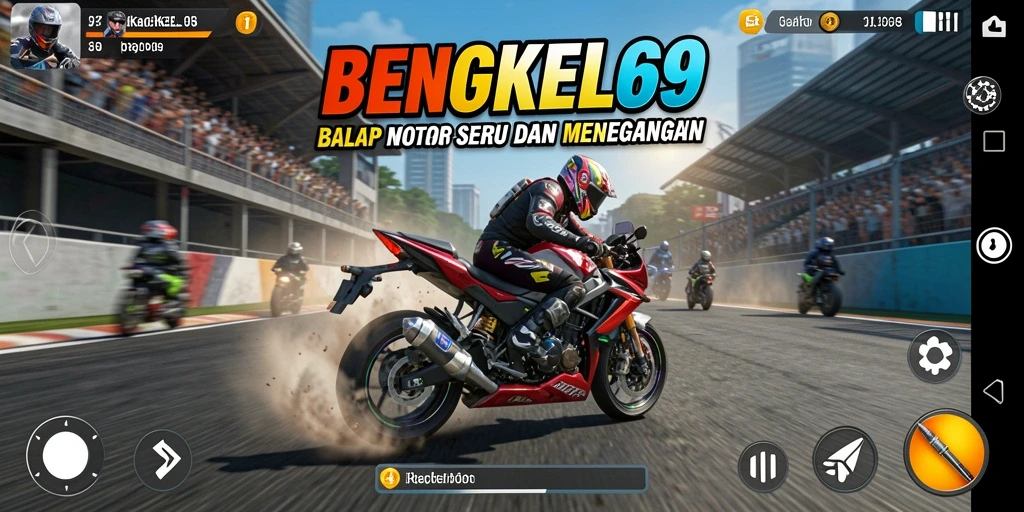 Screenshot gameplay dari BENGKEL69 menunjukkan balapan motor yang seru.