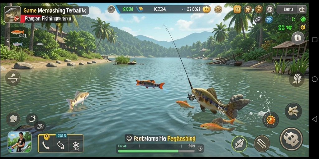Screenshot gameplay K234 menunjukkan aksi seru saat memancing ikan besar.
