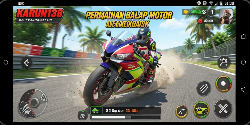 Screenshot gameplay KARUN138 menunjukkan aksi balapan motor yang seru dan mendebarkan.