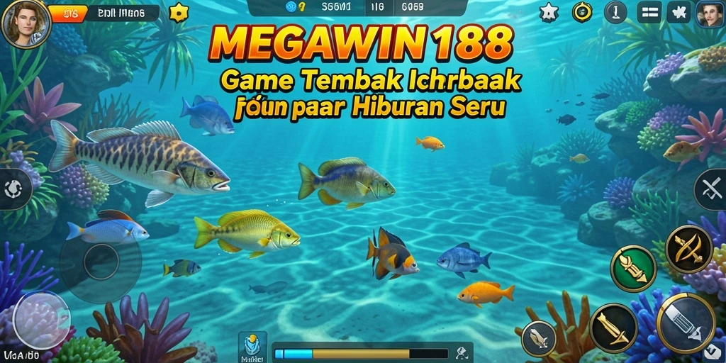 Screenshot utama menunjukkan pemain berburu ikan di dunia bawah laut.